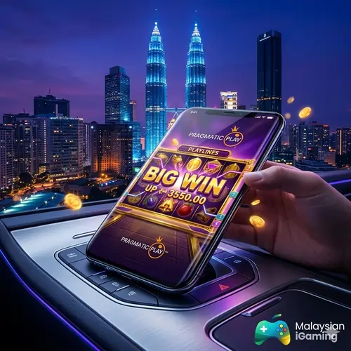 Vibrant smartphone screen showing a big win on the best online slots in Malaysia with a glowing KL Twin Towers background in 2026.