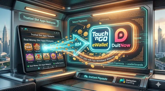 Vibrant 3D infographic showing the fast payout flow from a Malaysia slot app to a local e-wallet with bright DuitNow and gold coin visuals.