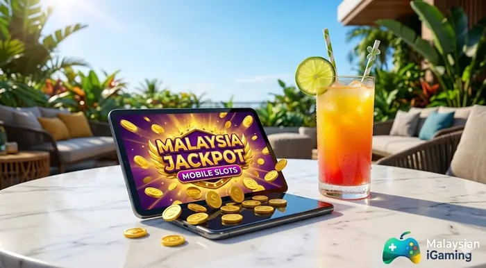 Vibrant mobile slot app interface on a smartphone screen showing a massive jackpot win with 3D gold coins and tropical lounge background.