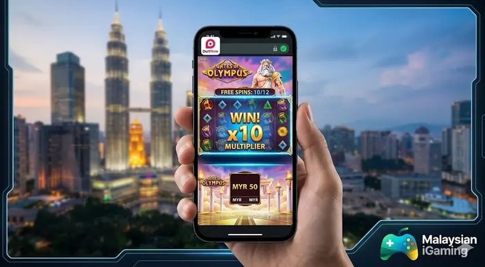 Vibrant POV shot of a player enjoying high RTP mobile slots in Malaysia on a smartphone during a commute with KL city views in 2026.