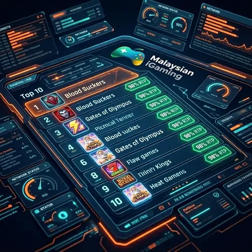 Vibrant 3D digital dashboard ranking the Top 10 Slots in Malaysia with holographic high RTP badges and secure DuitNow payment icons in 2026.