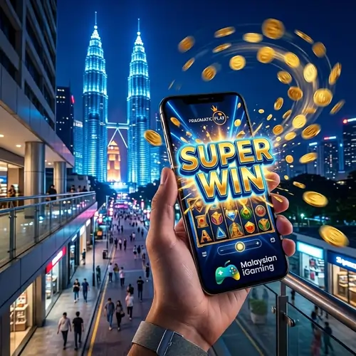 Vibrant mobile screen showcasing a massive win on one of the Top 10 Slots in Malaysia with glowing neon city lights and swirling digital gold coins.