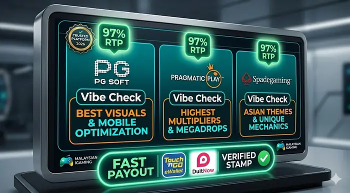Vibrant comparison infographic of top online slots in Malaysia 2026 showing high RTP percentages for PG Soft and Pragmatic Play mobile apps.