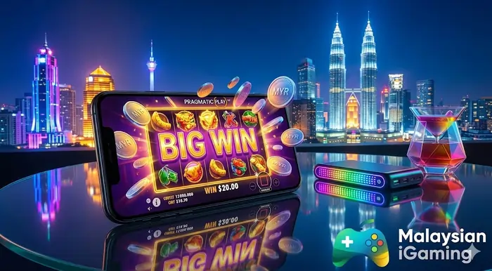 shot of a major win on top online slots in Malaysia 2026 featuring a mobile app with MYR currency and the glowing KL skyline.